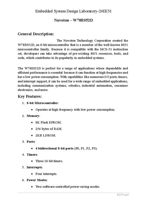 Nuvoton 1 - Summary Embedded Systems and IoT - Nuvoton – W78E052D ...