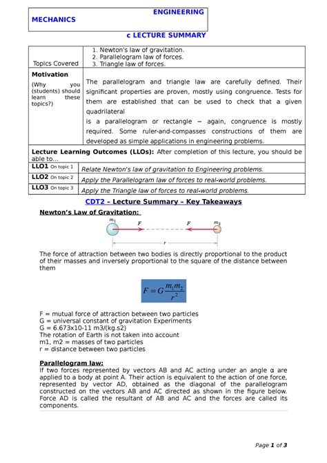 Engineering mechanics - ENGINEERING MECHANICS c LECTURE SUMMARY Topics ...
