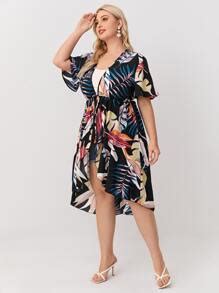 SHEIN Swim Curve Plus Plants Print Knot Front Kimono | SHEIN USA