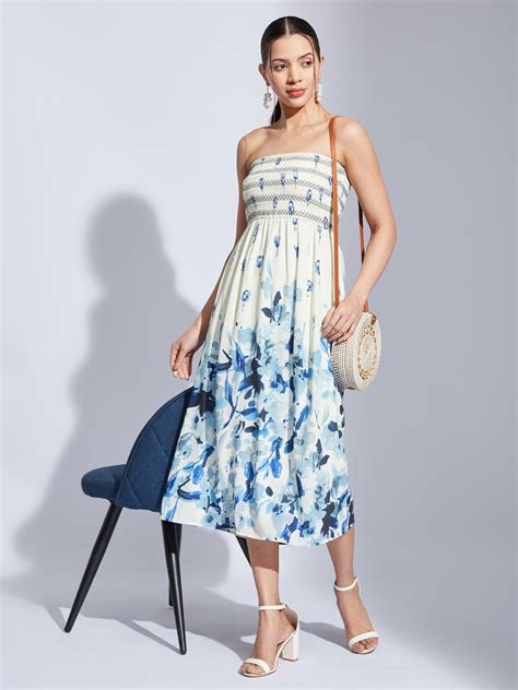 Latin Quarters Women Ivory Tube Neck Printed Fit & Flare Dress For Cas
