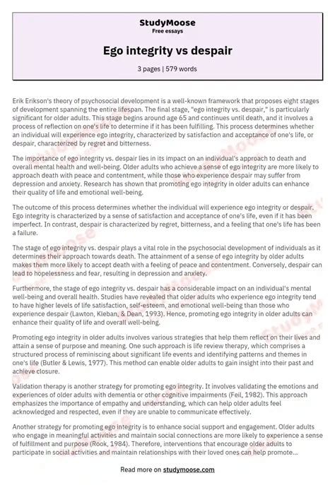 Ego integrity vs despair Free Essay Example