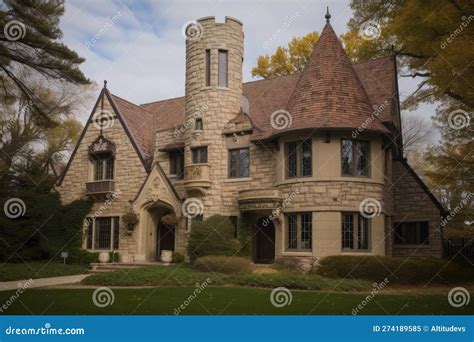 Traditional Exterior of Tudor-style House, Complete with Turret, Cast Stone Columns and ...