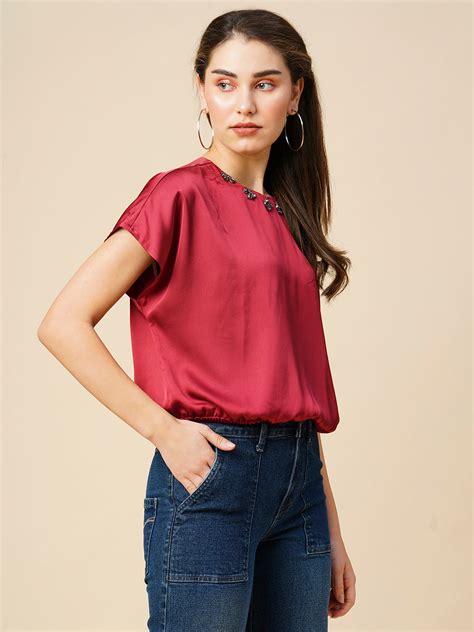 Buy Now Chemistry Satin Emebellished Drop Shoulder Cropped Blouson