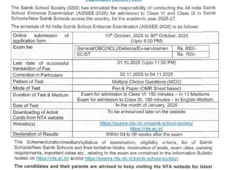 AISSEE 2026 Notification Out – Apply Online for All India Sainik School ...