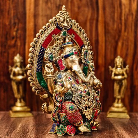 Buy Brass Ganesha Seated on Lotus Throne with Prabhavali 26" – Budhshiv.com