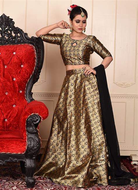 Gold-Toned & Black Woven Ready to Wear Lehenga & Blouse With Dupatta ...
