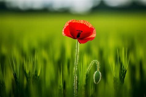 A solitary red poppy against a green field backdrop | Premium AI ...