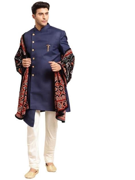 Buy KISAH Men's Indo-Western Sherwani Churidar with Dupatta Set, Navy ...