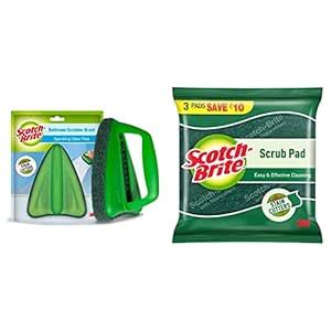 Scotch-Brite Bathroom Brush with Abrasive Fibre Web (Green) & Scrub Pad ...