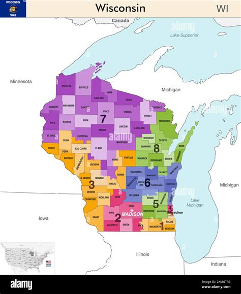 Wisconsin state map with counties borders and colored congressional ...