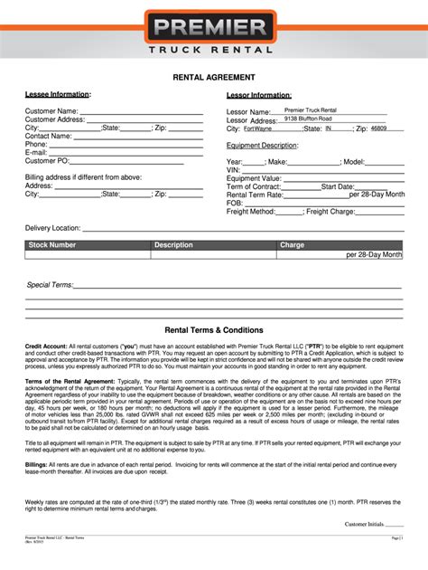 Premier Truck Rental Agreement Form - Fill Online, Printable, Fillable ...