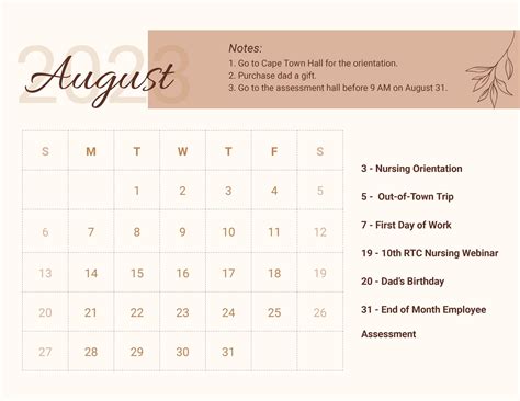 Blank Calendar August 2023 Portrait