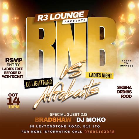 LADIES NIGHT RNB VS AFROBEATS, R3 Restaurant and Bar, London, 14 ...