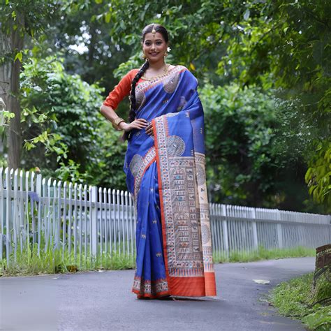 Navy Blue Soft Tussar Silk Madhubani Print Saree – Kalyanja