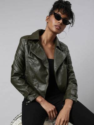 Buy SHOWOFFFF Womens Solid Lapel Collar Olive Biker Jacket Online