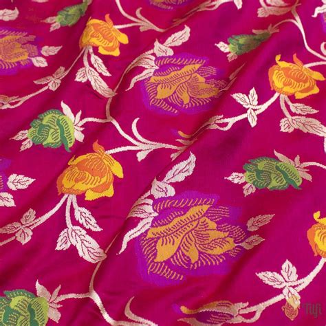 Red Rani Pink Pure Katan Silk Meena Floral Jaal Saree - Tilfi