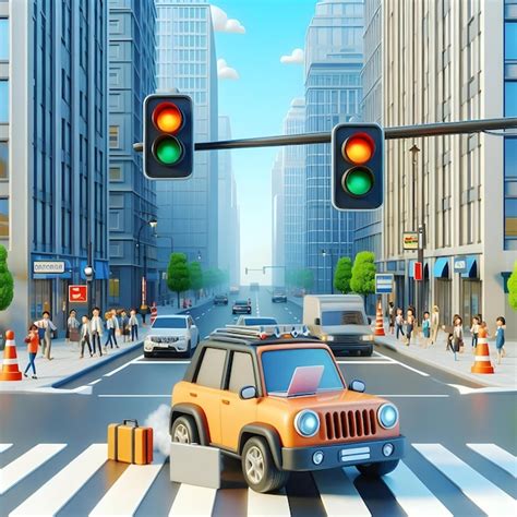 Carro animado com laptop dirigindo para o escritório através da ...