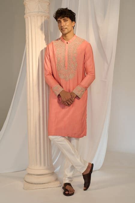 Buy Pink Handloom Cotton Embroidery Floral Kurta Pant Set For Men by ...