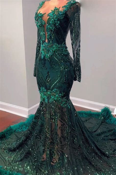 Emerald Green Prom Dresses, Feather Prom Dresses, Long Sleeve Evening ...