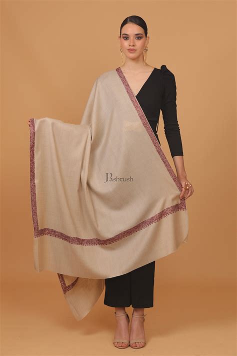 Pashtush womens Fine Wool shawl, 100% hand embroidery border design, B ...