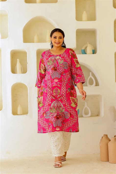 Plus Size Pink Floral & Paisley Printed Cotton Kurti for Women – Plus ...