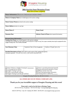 Fillable Online imaginehousing 2016 Auction Item Donation Form ...