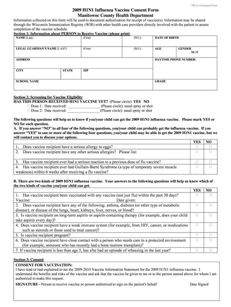 2009 H1N1 Influenza Vaccine Consent Form - Blank Fillable Template ...