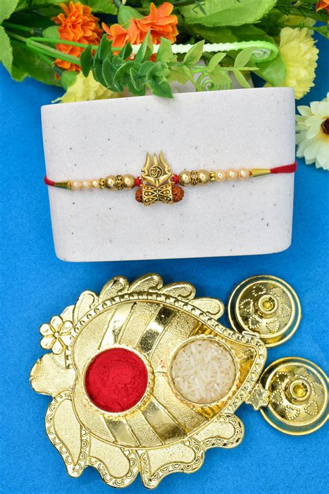 Grand Rudraksh with Trishul Rakhi for Brother with Card & Roli Chawal ...
