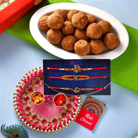 Divine Rudraksha Rakhi Set Of 3 With Panjiri Laddoo & Pooja Thali – TOKENZ