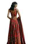 Buy Red Silk, Crepe Sequins, Zari V-neck Box Pleat Printed Lehenga Set ...