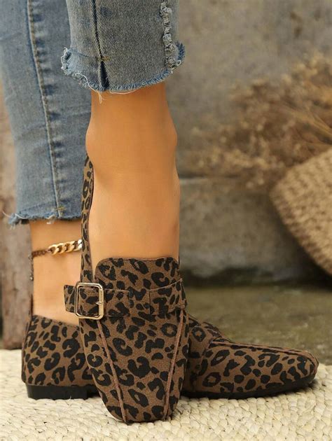Women's Leopard Print Buckle Decor Flat Shoes, Fashionable And ...