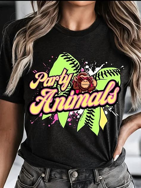 Women'S Party Animal Baseball Pattern Short-sleeved Casual T-shirt ...