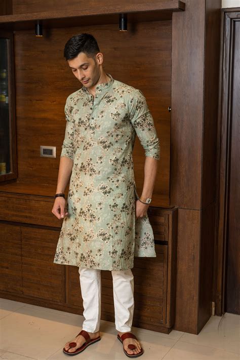 Muslin Pastel Green Foil Print Long Kurta for Men – Shasak