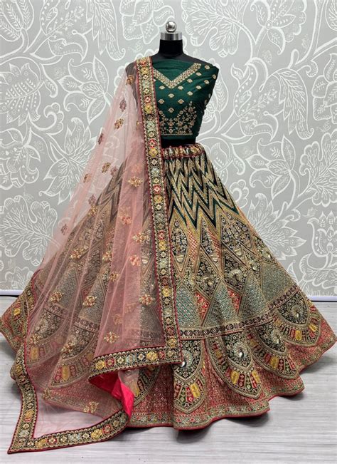 Multi Color Peacock Embroidered Designer Silk Lehengacholi Green ...