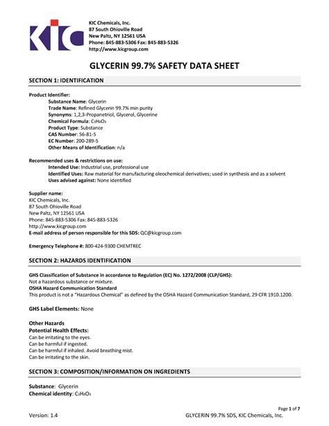 Glycerin MSDS - safety data sheet - Page 1 of 7 KIC Chemicals, Inc. 87 ...
