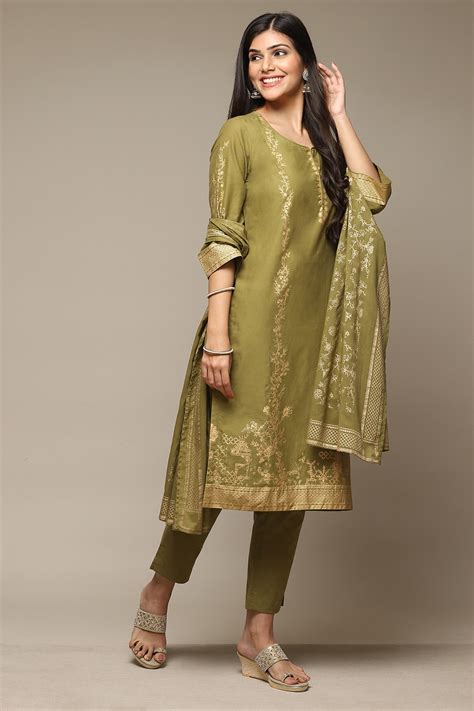 Mehndi Cotton Straight Kurta Pant Suit Set