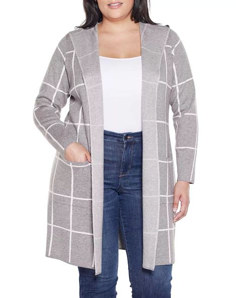 Belldini Plus Size Hooded Windowpane Plaid Coatigan Sweater | Belk