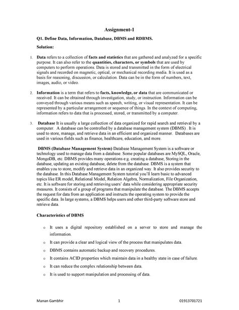 Manan File - Manan Gambhir 1 01913701721 Assignment- Q1. Define Data ...