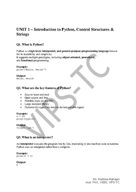 Python VIVA Notes - UNIT 1: Intro to Python & Control Structures - Studocu