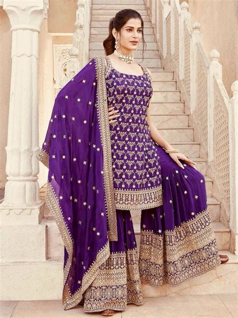Purple Elegant Faux Georgette Sharara Set with Sequins