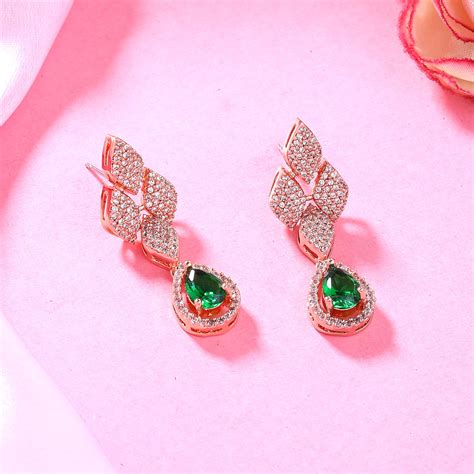 Buy Rose Gold-Plated Drop Earrings with Green Stones – Estele