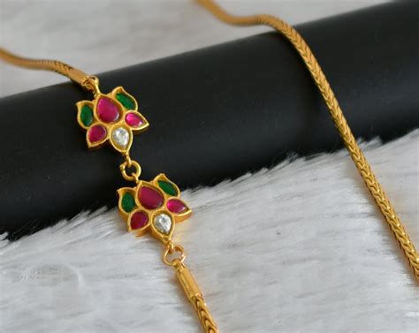 Gold tone pink-green-white lotus kundan jadau mugappu chain dj-48689 ...