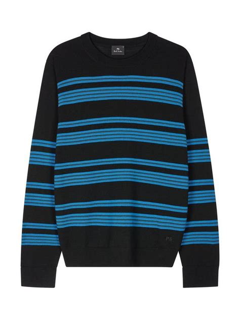 PS Paul Smith Merino Wool Stripe Crew Jumper, Black/Bright Blue