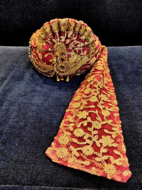 Rent Red Cream Embroidered Pagadi - Traditional Headwear at Candidmen