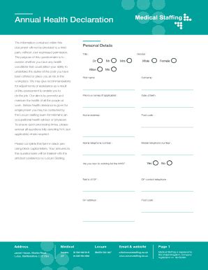Fillable Online medicalstaffing co Medical Staffing - Annual Health ...