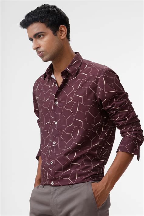 BASICS SLIM FIT PORT WINE POLYESTER PRINTED SHIRT