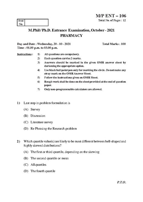 ENT 106 M.Phil/Ph.D. Entrance Exam Paper - October 2021 (Pharmacy ...
