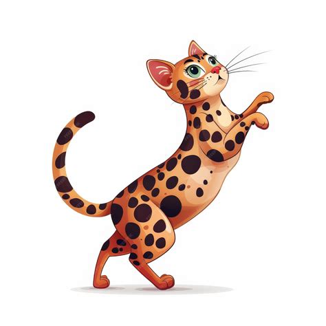 Cute cartoon spotted cat standing on hind legs looking up with wide ...
