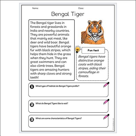 Bengal Tiger | Reading Passage Comprehension Questions Writing Facts W ...