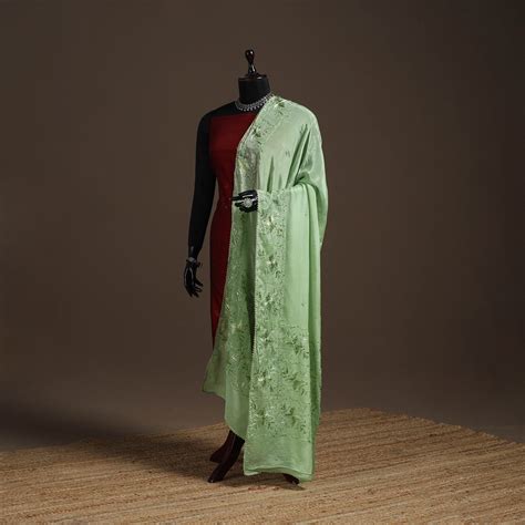 Green Chinon Silk Hand Embroidered Phulkari Dupatta